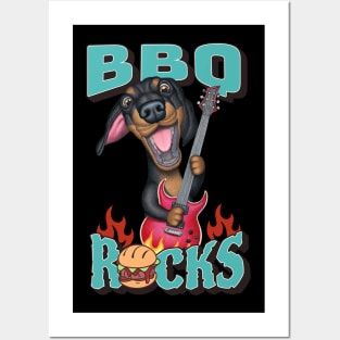 Cute Barbeque Rocks with dachshund doxie dog playing guitar tee Posters and Art